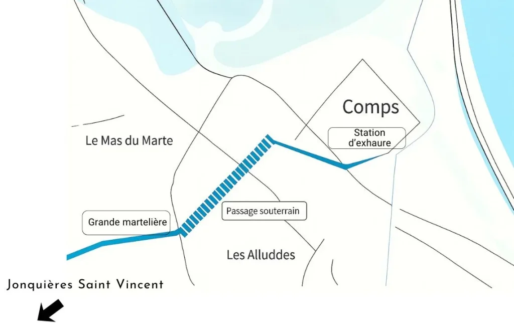 Plan du tracé du grand Valat et du tunnel de Comps